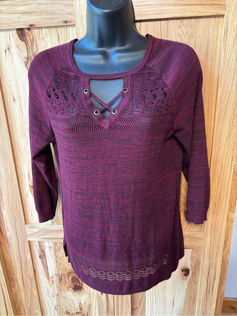 Women’s Lace-Up Knit Pullover Sweater - Burgundy